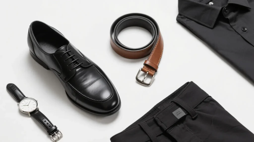 Male belting rules with black leather shoes, brown belt, and stylish accessories