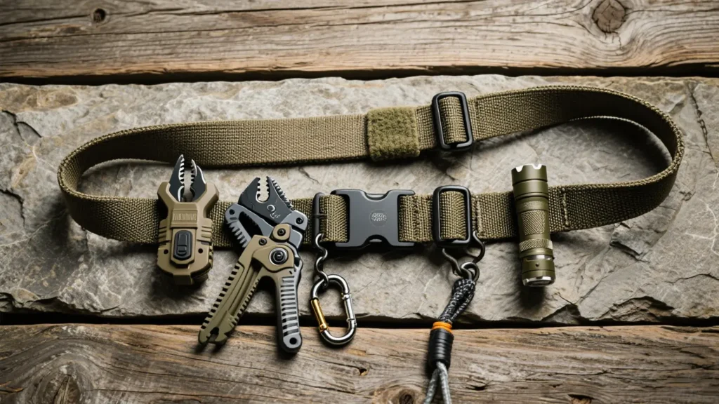 Military belt with tactical tools, carabiner, and flashlight showing everyday utility hacks