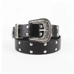 Nova women belt with silver studs and engraved buckle, a bold piece from our Casual Belts collection, perfect as a y2k belt.