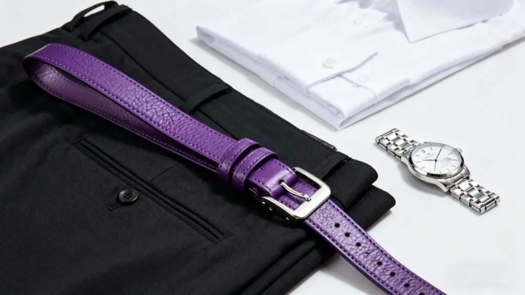 Purple belt fashion tips with leather belt styled alongside men’s outfit accessories