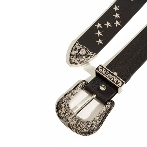 Close-up of Starlight Cowgirl Belt with silver star details and engraved buckle