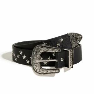 Starlight Cowgirl Belt with engraved western buckle and silver star studs