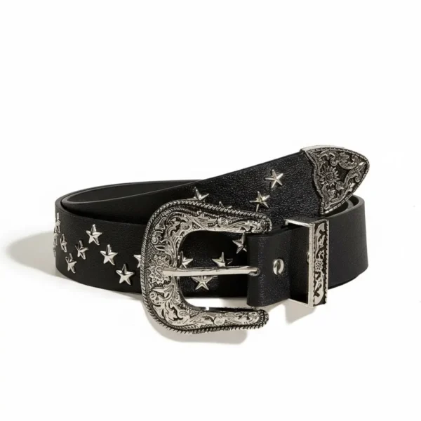 Starlight Cowgirl Belt with engraved western buckle and silver star studs