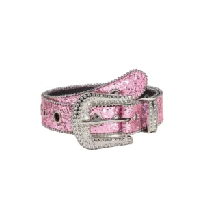 Stella womens belt pink glitter design with rhinestone buckle – casual pink belt