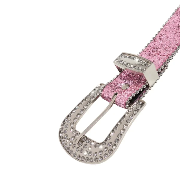 Close-up of Stella womens belt with rhinestone pink buckle – casual pink belt