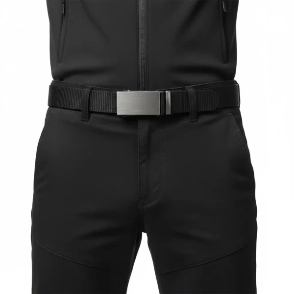 Titan Ratchet Belt worn on black pants with modern buckle