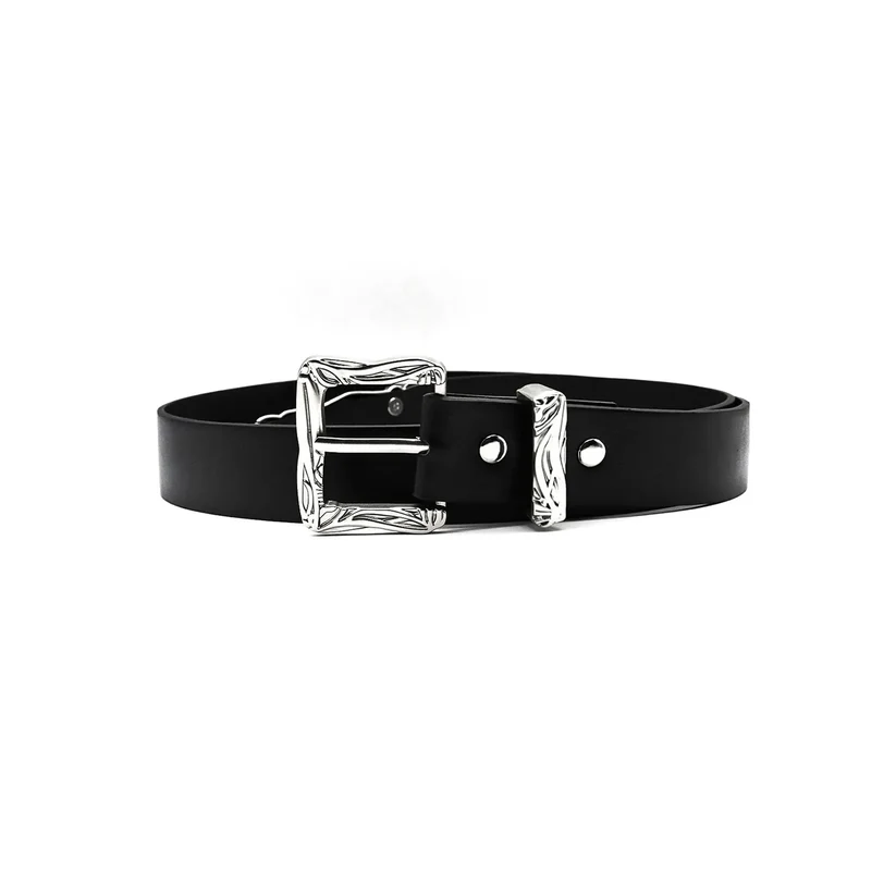 Front view of black casual belt for women featuring an engraved silver buckle – perfect women’s belt for jeans.
