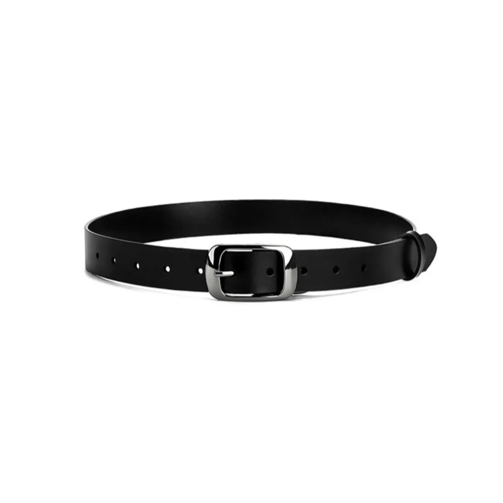 Elegant black leather dress belt for women, showcased in a flat lay position.