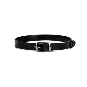 Elegant black leather dress belt for women, showcased in a flat lay position.